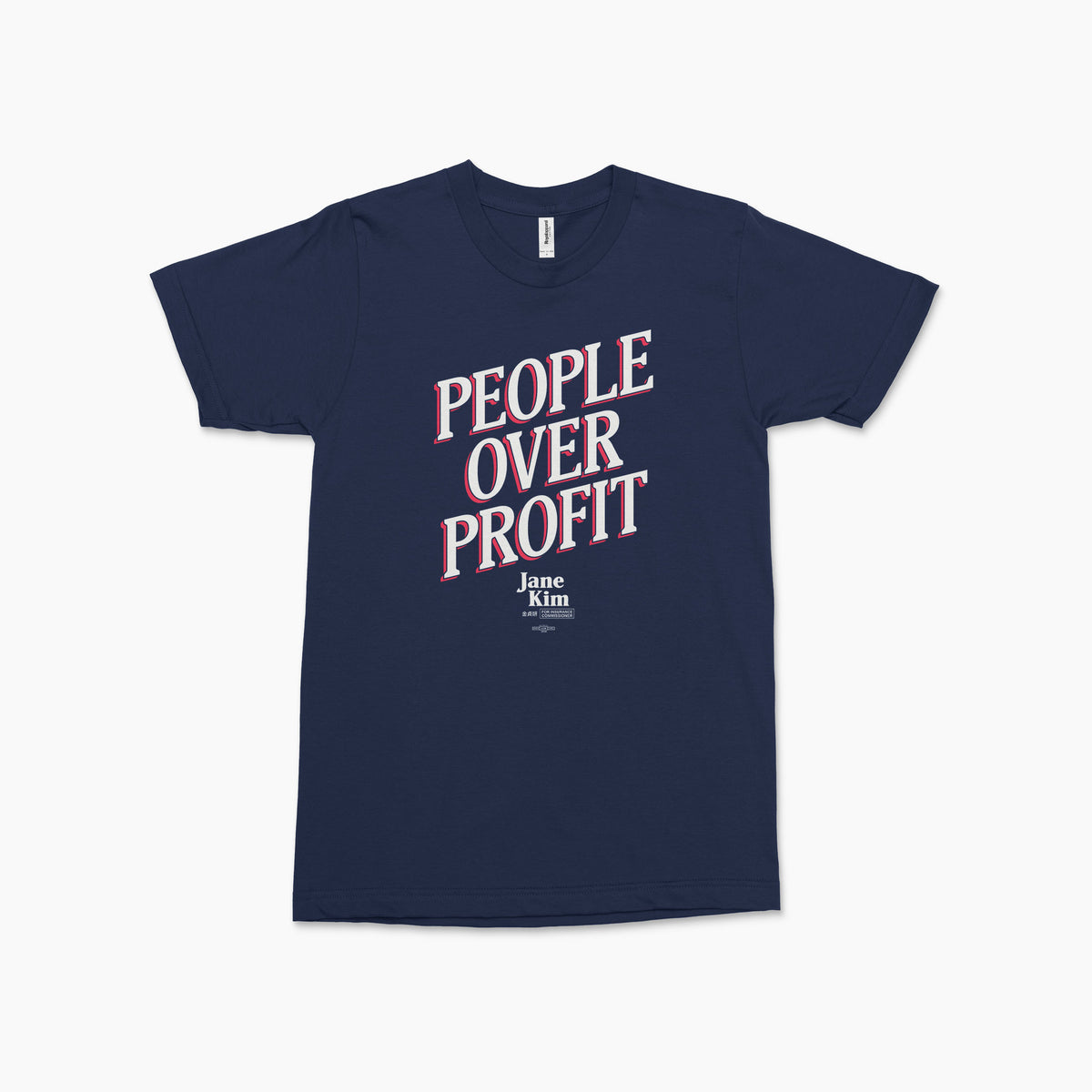 Navy blue short-sleeve crewneck t-shirt with white and red "People Over Profit" text centered on front.